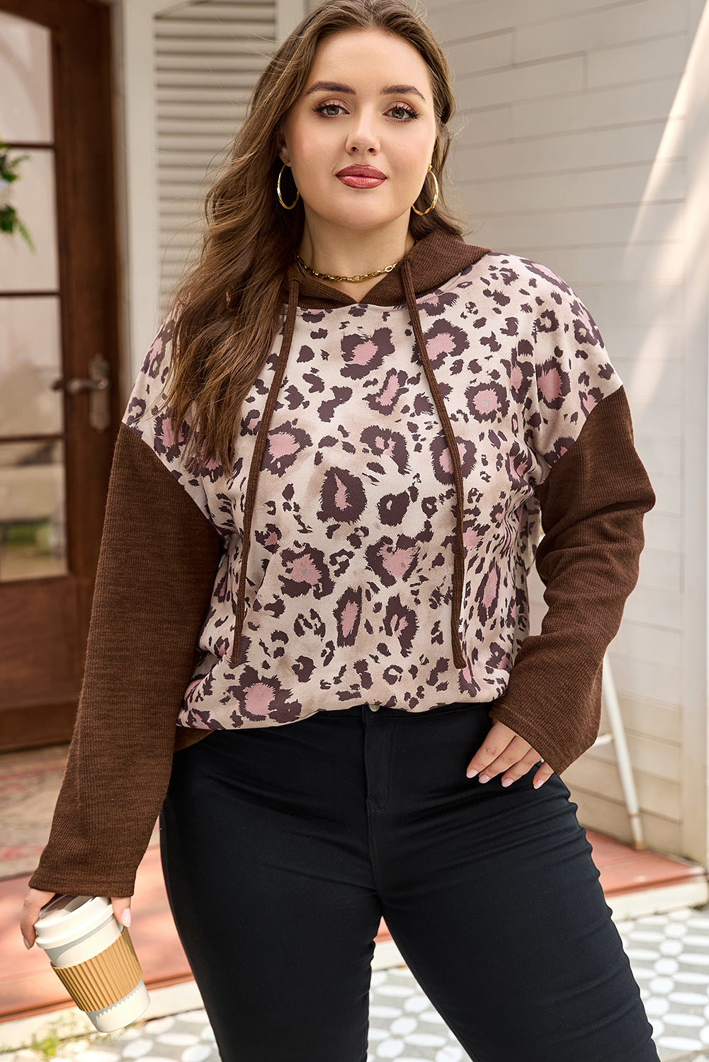 Leopard Print Knit Patchwork Plus Hoodie