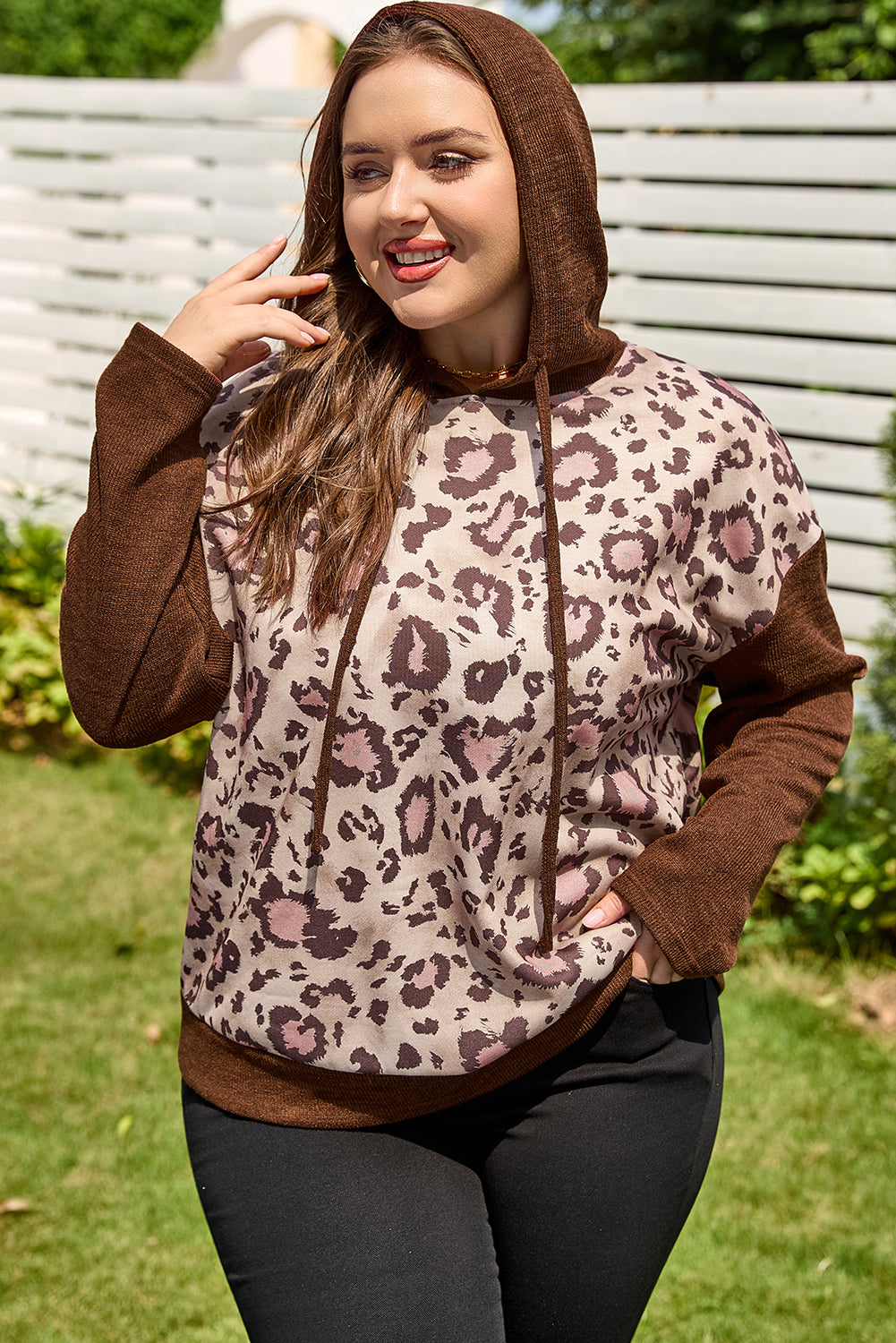 Leopard Print Knit Patchwork Plus Hoodie