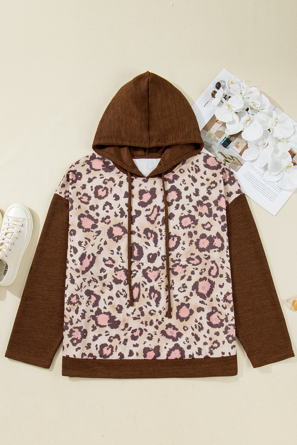 Leopard Print Knit Patchwork Plus Hoodie
