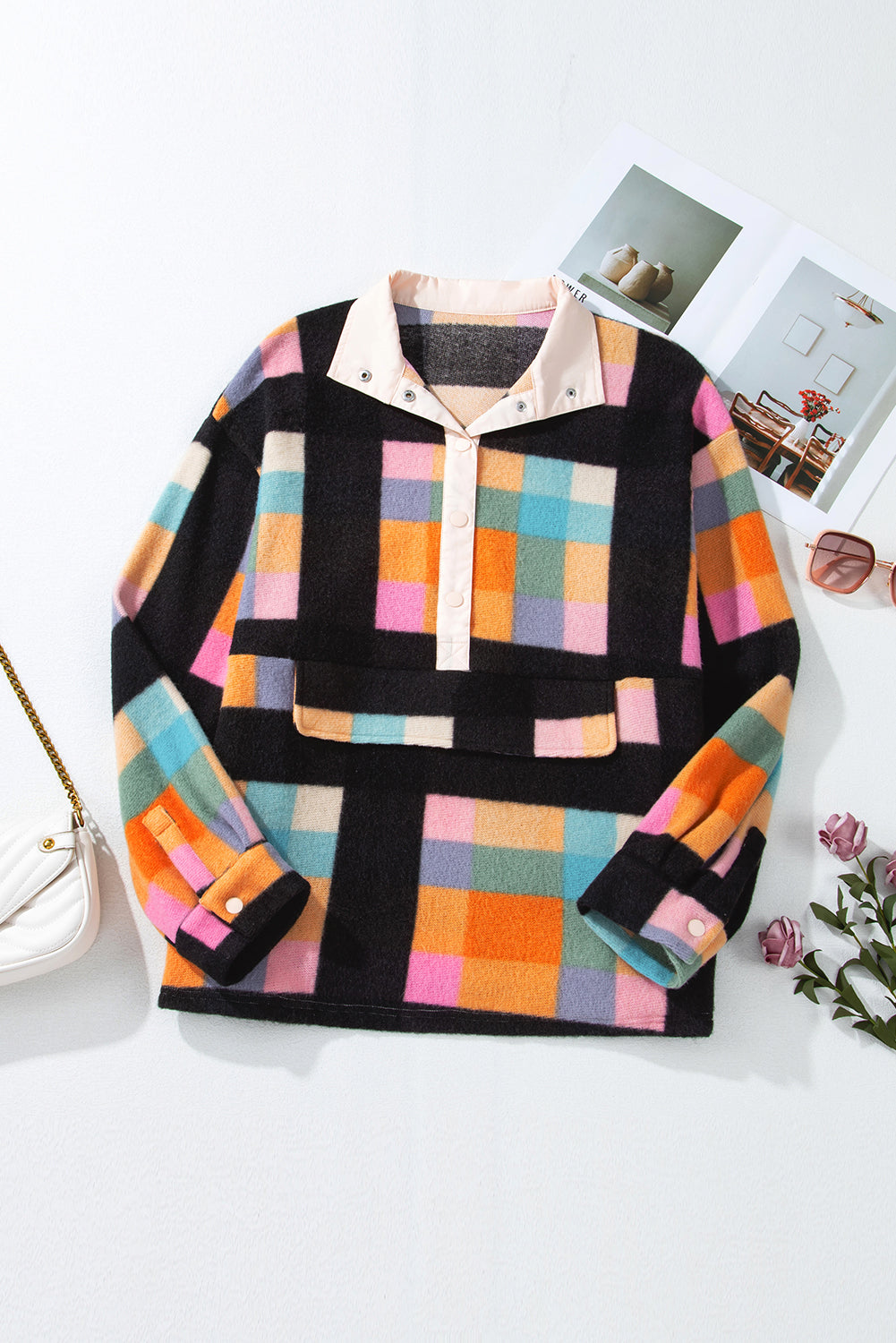 Black Checkered Print Sherpa Henley Sweatshirt