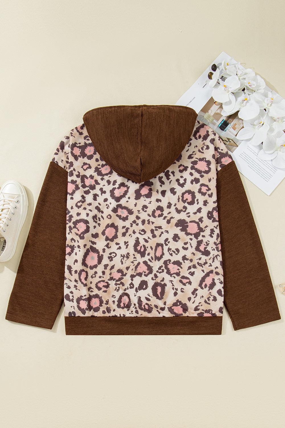 Leopard Print Knit Patchwork Plus Hoodie