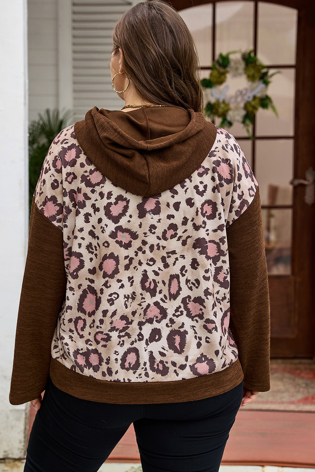 Leopard Print Knit Patchwork Plus Hoodie