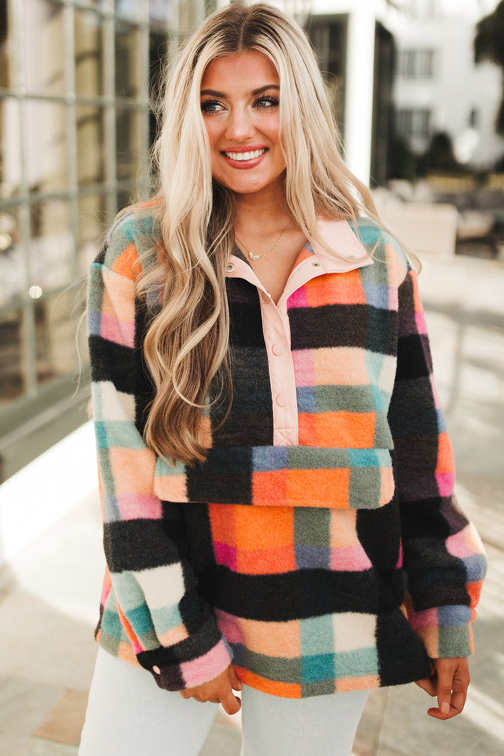 Black Checkered Print Sherpa Henley Sweatshirt