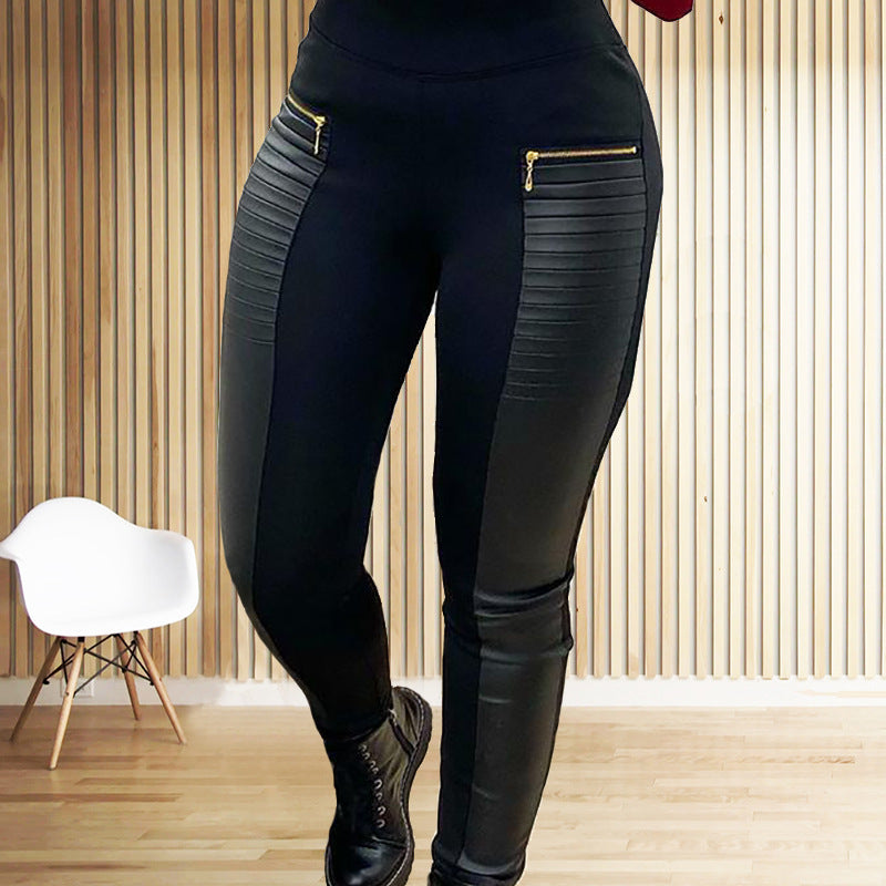 Faux Leather Splice Pants With Zip Detail