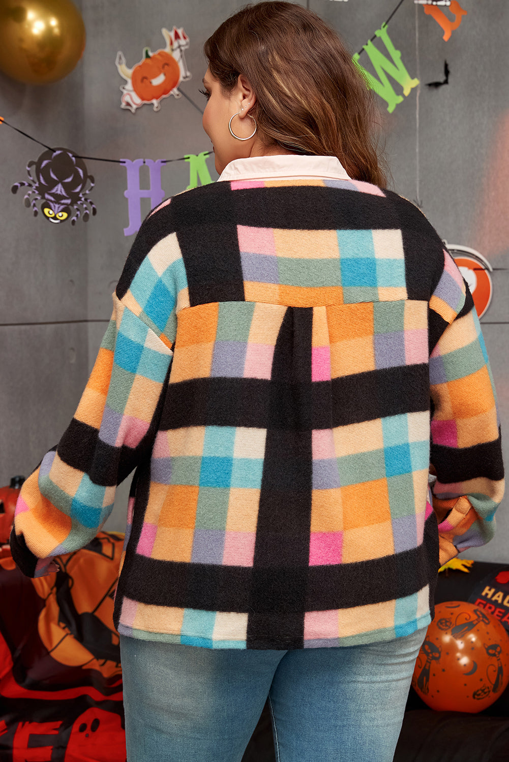 Black Checkered Print Sherpa Henley Sweatshirt