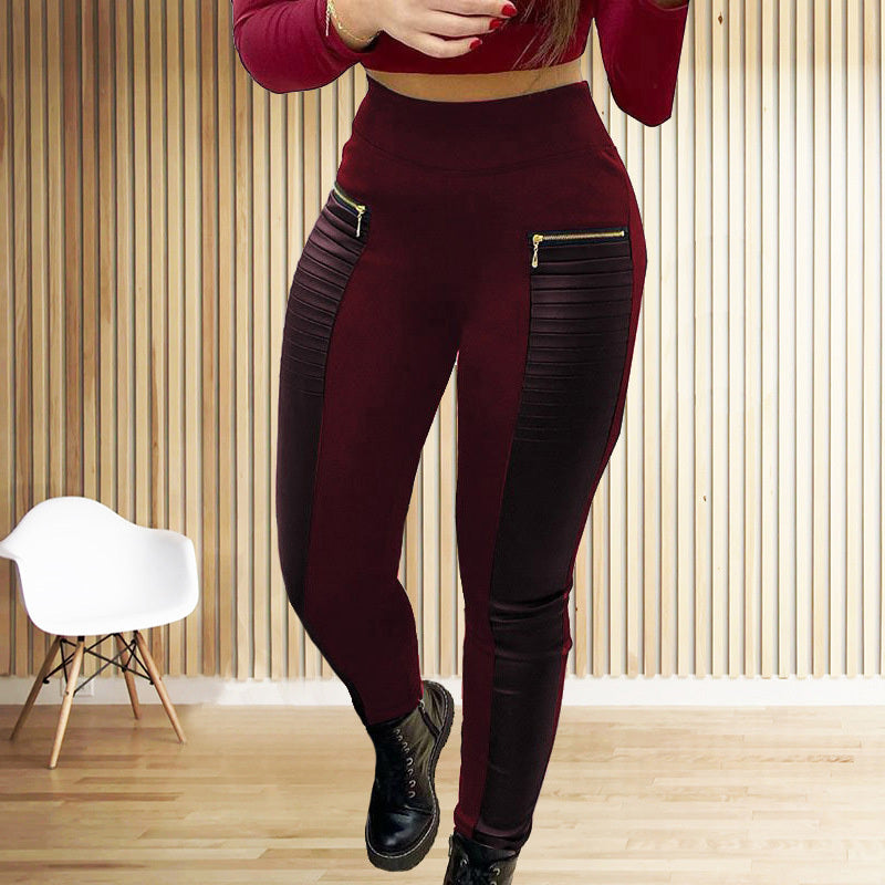 Faux Leather Splice Pants With Zip Detail